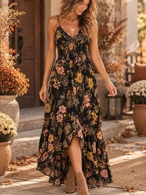 Angie Black Floral High-Low Maxi Dress with Pink & Mustard Blooms